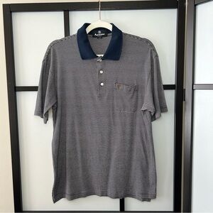 [L] Aquascutum London Men’s Vintage Navy Blue & White Stripe Nautical Polo Shirt